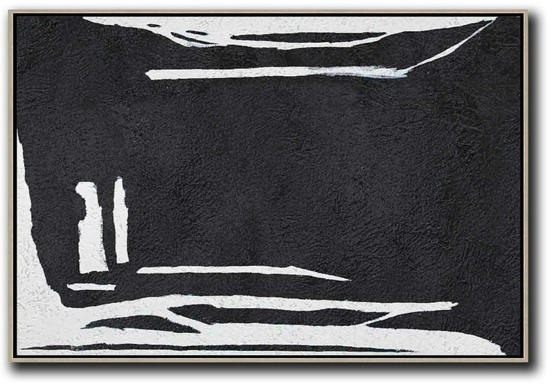 Modern Paintings On Canvas,Hand Painted Oversized Horizontal Minimal Art On Canvas, Black And White Minimalist Painting - Acrylic Painting On Canvas